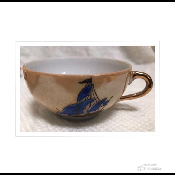 JAPAN TEACUP TEA CUP SAUCER PORCELAIN SET BOATS MOTHER OF PEARL PAINTED VINTAGE - Picture 7 of 10